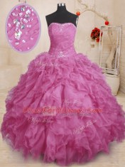 Gorgeous Floor Length Lace Up Sweet 16 Quinceanera Dress Fuchsia for Military Ball and Sweet 16 and Quinceanera with Beading and Ruffles and Ruching