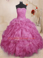 Gorgeous Floor Length Lace Up Sweet 16 Quinceanera Dress Fuchsia for Military Ball and Sweet 16 and Quinceanera with Beading and Ruffles and Ruching
