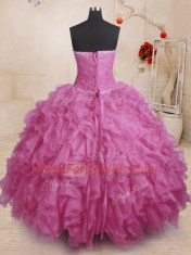 Gorgeous Floor Length Lace Up Sweet 16 Quinceanera Dress Fuchsia for Military Ball and Sweet 16 and Quinceanera with Beading and Ruffles and Ruching