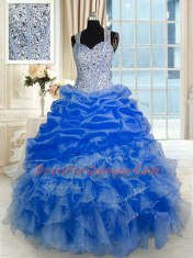Trendy Royal Blue Straps Neckline Beading and Ruffles and Pick Ups Vestidos de Quinceanera Sleeveless Zipper