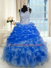 Trendy Royal Blue Straps Neckline Beading and Ruffles and Pick Ups Vestidos de Quinceanera Sleeveless Zipper