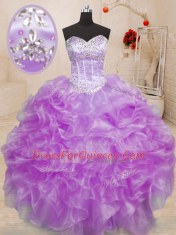 Flare Lilac Organza Lace Up Sweet 16 Quinceanera Dress Sleeveless Floor Length Beading and Ruffles