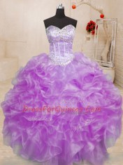Flare Lilac Organza Lace Up Sweet 16 Quinceanera Dress Sleeveless Floor Length Beading and Ruffles