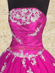 Glorious Floor Length Lace Up Ball Gown Prom Dress Fuchsia for Military Ball and Sweet 16 and Quinceanera with Appliques and Ruching