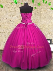 Glorious Floor Length Lace Up Ball Gown Prom Dress Fuchsia for Military Ball and Sweet 16 and Quinceanera with Appliques and Ruching