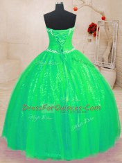 Floor Length Lace Up Sweet 16 Dress Green for Military Ball and Sweet 16 and Quinceanera with Beading