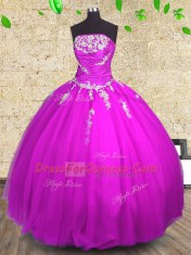 Admirable Fuchsia Sleeveless Floor Length Appliques and Ruching Lace Up Vestidos de Quinceanera