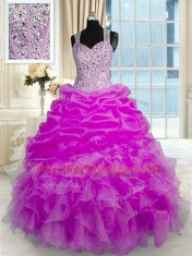 Fuchsia Zipper Straps Beading and Ruffles and Pick Ups Vestidos de Quinceanera Organza and Taffeta Sleeveless