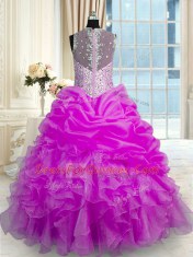 Fuchsia Zipper Straps Beading and Ruffles and Pick Ups Vestidos de Quinceanera Organza and Taffeta Sleeveless