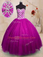Ball Gowns Sweet 16 Dress Fuchsia Sweetheart Tulle Sleeveless Floor Length Lace Up