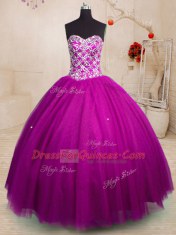 Ball Gowns Sweet 16 Dress Fuchsia Sweetheart Tulle Sleeveless Floor Length Lace Up