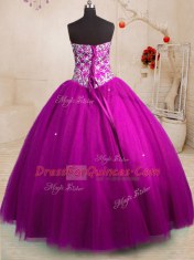 Ball Gowns Sweet 16 Dress Fuchsia Sweetheart Tulle Sleeveless Floor Length Lace Up