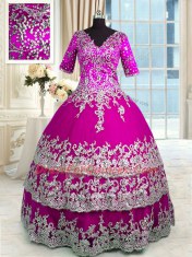 Traditional Fuchsia Zipper Quinceanera Gowns Beading and Appliques and Ruffled Layers Half Sleeves