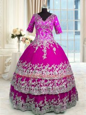 Traditional Fuchsia Zipper Quinceanera Gowns Beading and Appliques and Ruffled Layers Half Sleeves