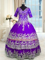 Floor Length Purple Sweet 16 Dress Tulle Half Sleeves Beading and Appliques and Ruffled Layers
