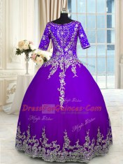 Floor Length Purple Sweet 16 Dress Tulle Half Sleeves Beading and Appliques and Ruffled Layers