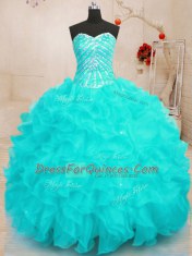 Aqua Blue Ball Gowns Sweetheart Sleeveless Organza Floor Length Lace Up Beading and Ruffles and Sequins Vestidos de Quinceanera