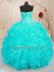 Aqua Blue Ball Gowns Sweetheart Sleeveless Organza Floor Length Lace Up Beading and Ruffles and Sequins Vestidos de Quinceanera