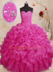 Adorable Floor Length Lace Up Sweet 16 Dresses Hot Pink for Military Ball and Sweet 16 and Quinceanera with Beading and Ruffles