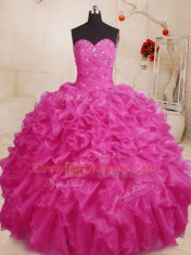Adorable Floor Length Lace Up Sweet 16 Dresses Hot Pink for Military Ball and Sweet 16 and Quinceanera with Beading and Ruffles