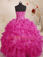 Adorable Floor Length Lace Up Sweet 16 Dresses Hot Pink for Military Ball and Sweet 16 and Quinceanera with Beading and Ruffles