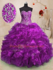 Purple Ball Gowns Sweetheart Sleeveless Organza With Train Sweep Train Lace Up Beading and Ruffles 15th Birthday Dress