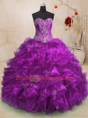 Purple Ball Gowns Sweetheart Sleeveless Organza With Train Sweep Train Lace Up Beading and Ruffles 15th Birthday Dress