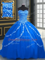 Custom Fit Sleeveless Tulle With Brush Train Lace Up 15 Quinceanera Dress in Blue with Beading and Appliques