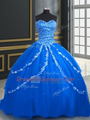Custom Fit Sleeveless Tulle With Brush Train Lace Up 15 Quinceanera Dress in Blue with Beading and Appliques