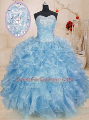 Organza Sweetheart Sleeveless Lace Up Beading and Ruffles Quinceanera Dress in Blue