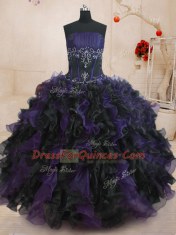 Black And Purple Strapless Lace Up Beading and Ruffles 15th Birthday Dress Sleeveless