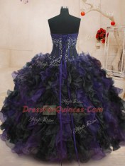 Black And Purple Strapless Lace Up Beading and Ruffles 15th Birthday Dress Sleeveless