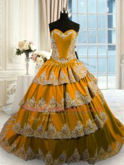 Custom Fit Ruffled Sweetheart Sleeveless Court Train Lace Up Quince Ball Gowns Brown Taffeta