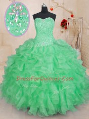 Sweetheart Sleeveless Vestidos de Quinceanera Floor Length Beading and Ruffles Green Organza