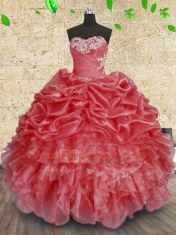 Colorful Organza Sweetheart Sleeveless Lace Up Beading and Appliques and Ruffles and Ruching Quinceanera Gowns in Coral Red