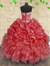 Colorful Organza Sweetheart Sleeveless Lace Up Beading and Appliques and Ruffles and Ruching Quinceanera Gowns in Coral Red