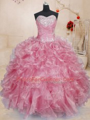Amazing Sleeveless Floor Length Beading and Ruffles Lace Up Sweet 16 Quinceanera Dress with Pink