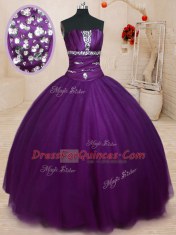 Dark Purple Sweet 16 Quinceanera Dress Military Ball and Sweet 16 and Quinceanera and For with Beading Strapless Sleeveless Lace Up