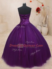 Dark Purple Sweet 16 Quinceanera Dress Military Ball and Sweet 16 and Quinceanera and For with Beading Strapless Sleeveless Lace Up