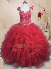 Floor Length Lace Up Sweet 16 Dresses Red for Military Ball and Sweet 16 and Quinceanera with Beading and Ruffles