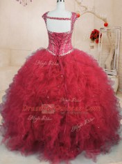 Floor Length Lace Up Sweet 16 Dresses Red for Military Ball and Sweet 16 and Quinceanera with Beading and Ruffles