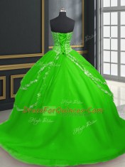 Exceptional Sleeveless Tulle With Brush Train Lace Up Quinceanera Dress in with Beading and Appliques