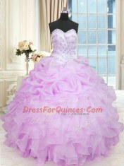 Low Price Organza Sweetheart Sleeveless Lace Up Beading and Ruffles Quince Ball Gowns in Lilac