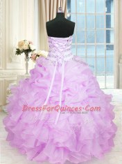 Low Price Organza Sweetheart Sleeveless Lace Up Beading and Ruffles Quince Ball Gowns in Lilac