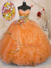 Orange Ball Gowns Beading and Ruffles 15th Birthday Dress Lace Up Organza Sleeveless Floor Length