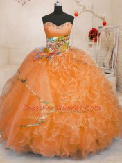 Orange Ball Gowns Beading and Ruffles 15th Birthday Dress Lace Up Organza Sleeveless Floor Length
