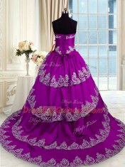 Extravagant Ruffled With Train Ball Gowns Sleeveless Eggplant Purple Quinceanera Gown Lace Up