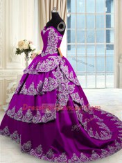 Extravagant Ruffled With Train Ball Gowns Sleeveless Eggplant Purple Quinceanera Gown Lace Up