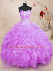 Beautiful Lilac Vestidos de Quinceanera Military Ball and Sweet 16 and Quinceanera and For with Beading and Ruffles Sweetheart Sleeveless Lace Up