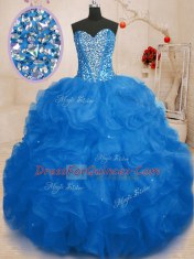 Inexpensive Beading and Ruffles Ball Gown Prom Dress Blue Lace Up Sleeveless Floor Length